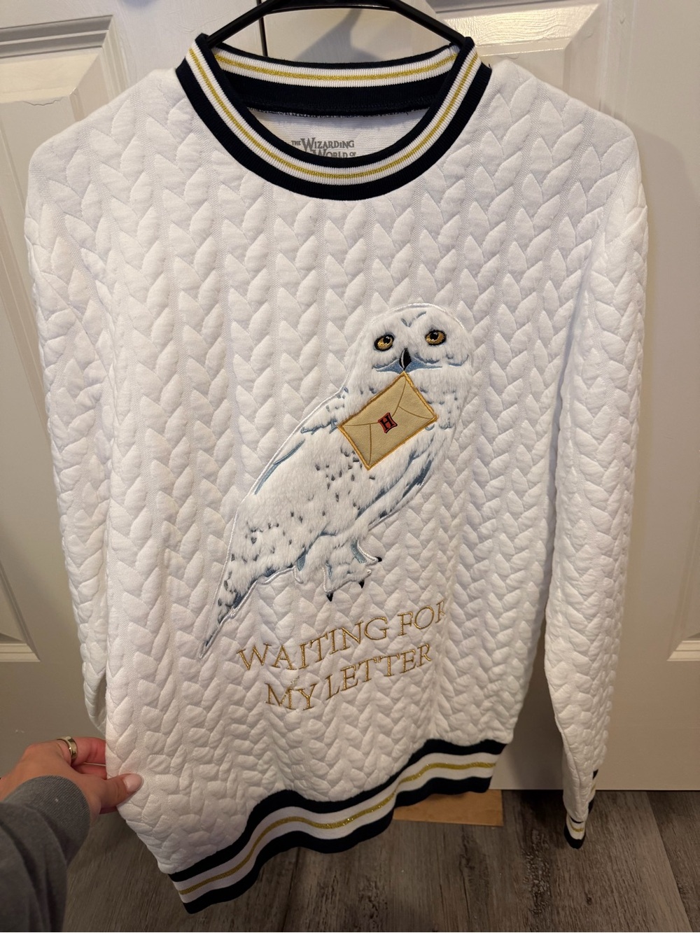 White Embroidered Owl Crewneck Sweater with Gold Lettering